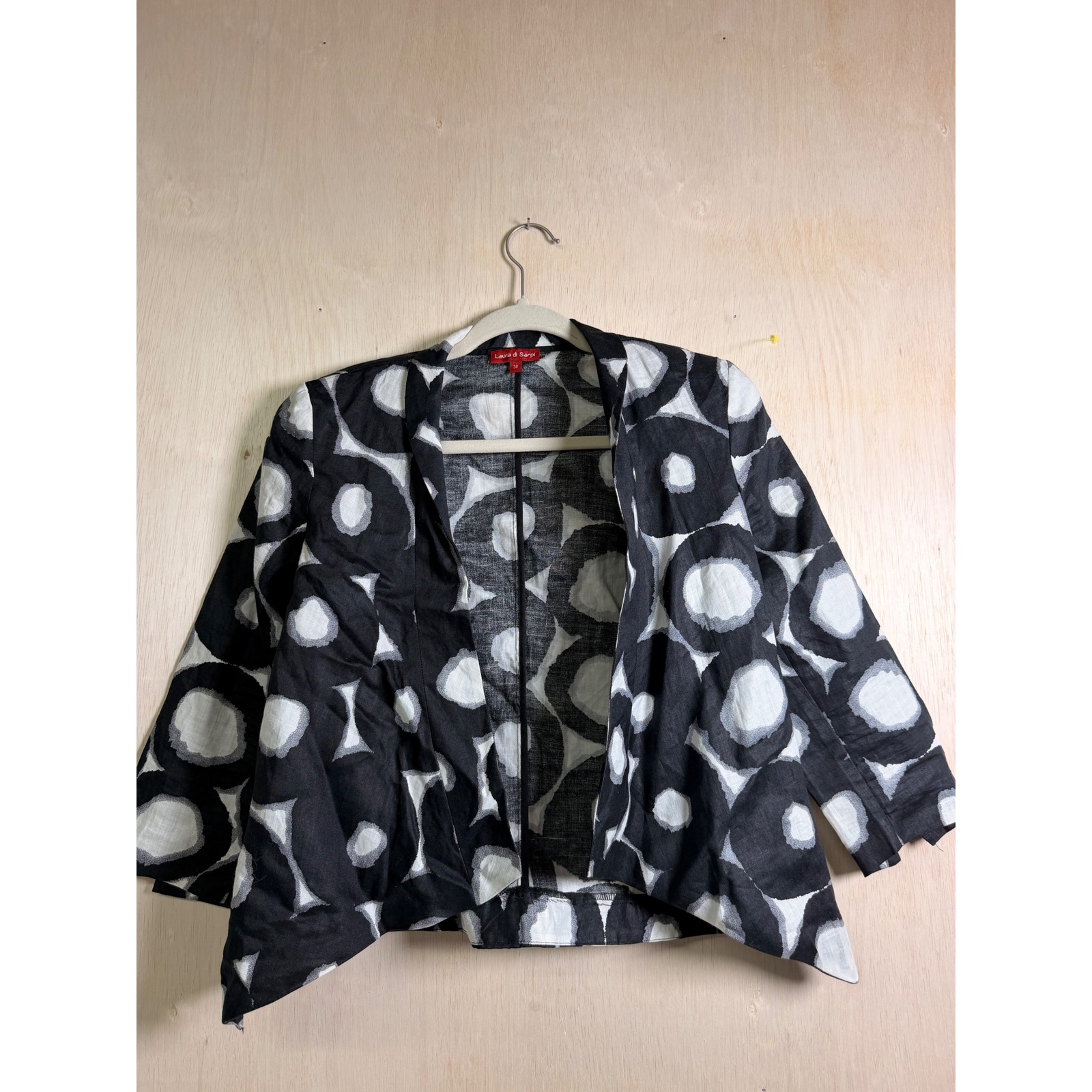 Laura Di Sarpi Linen Jacket Women 38 Black White Excellent Abstract Open Front